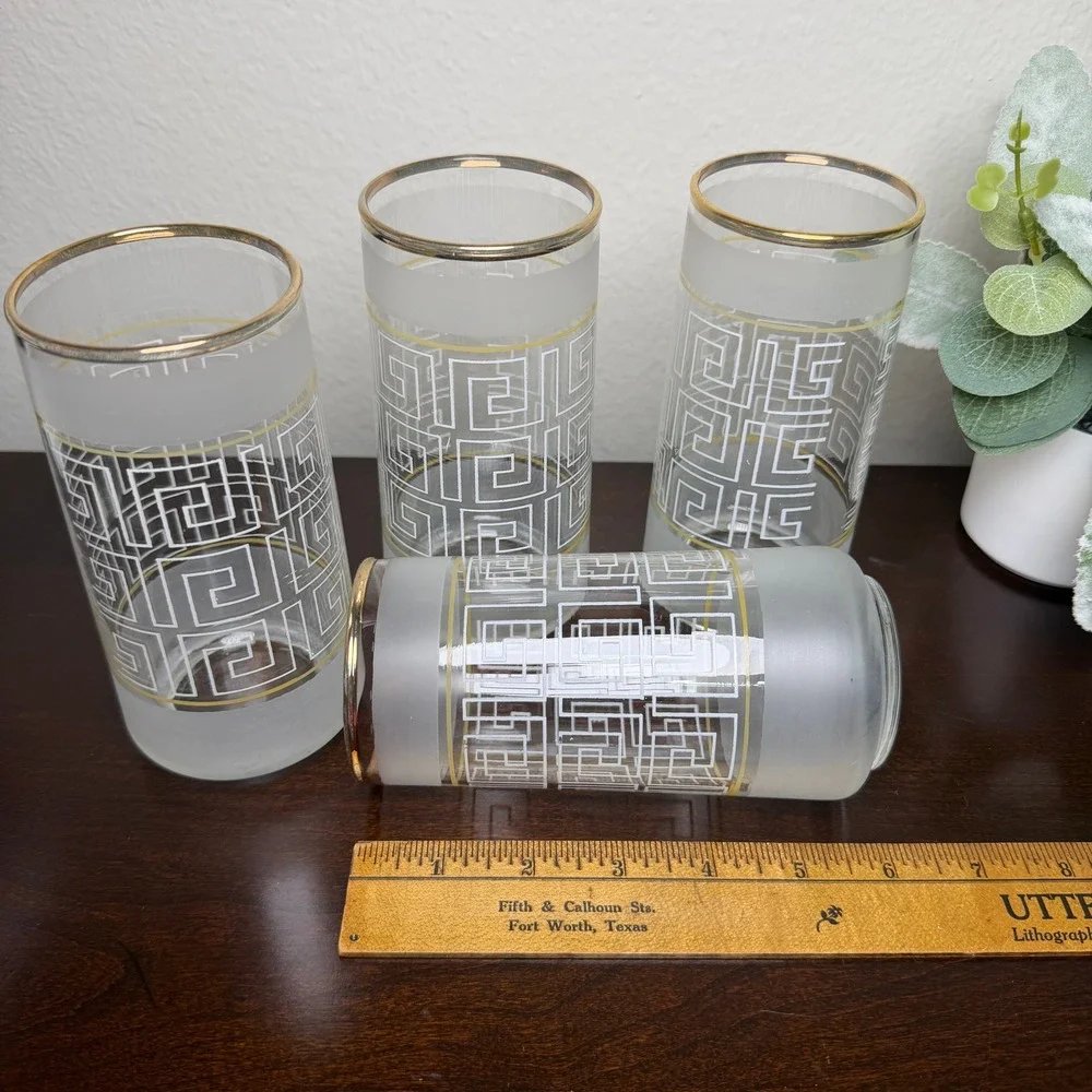 Vintage Libbey Greek Key Frosted Highball‎ Glasses Gold Rim MCM Set of 4